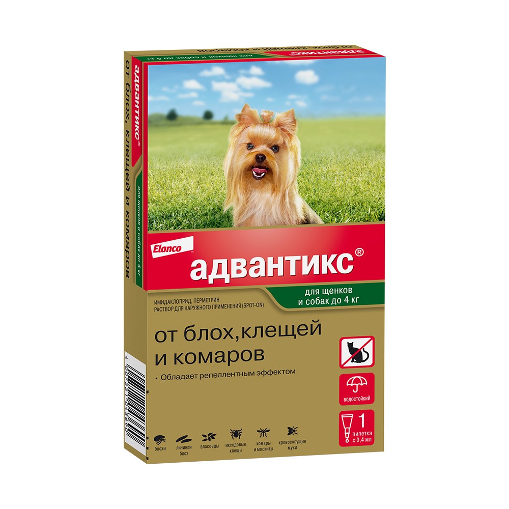 Капли для собак Elanco Адвантикс от блох, клещей и комаров 40 (до 4кг веса) 1 пипетка в упак.