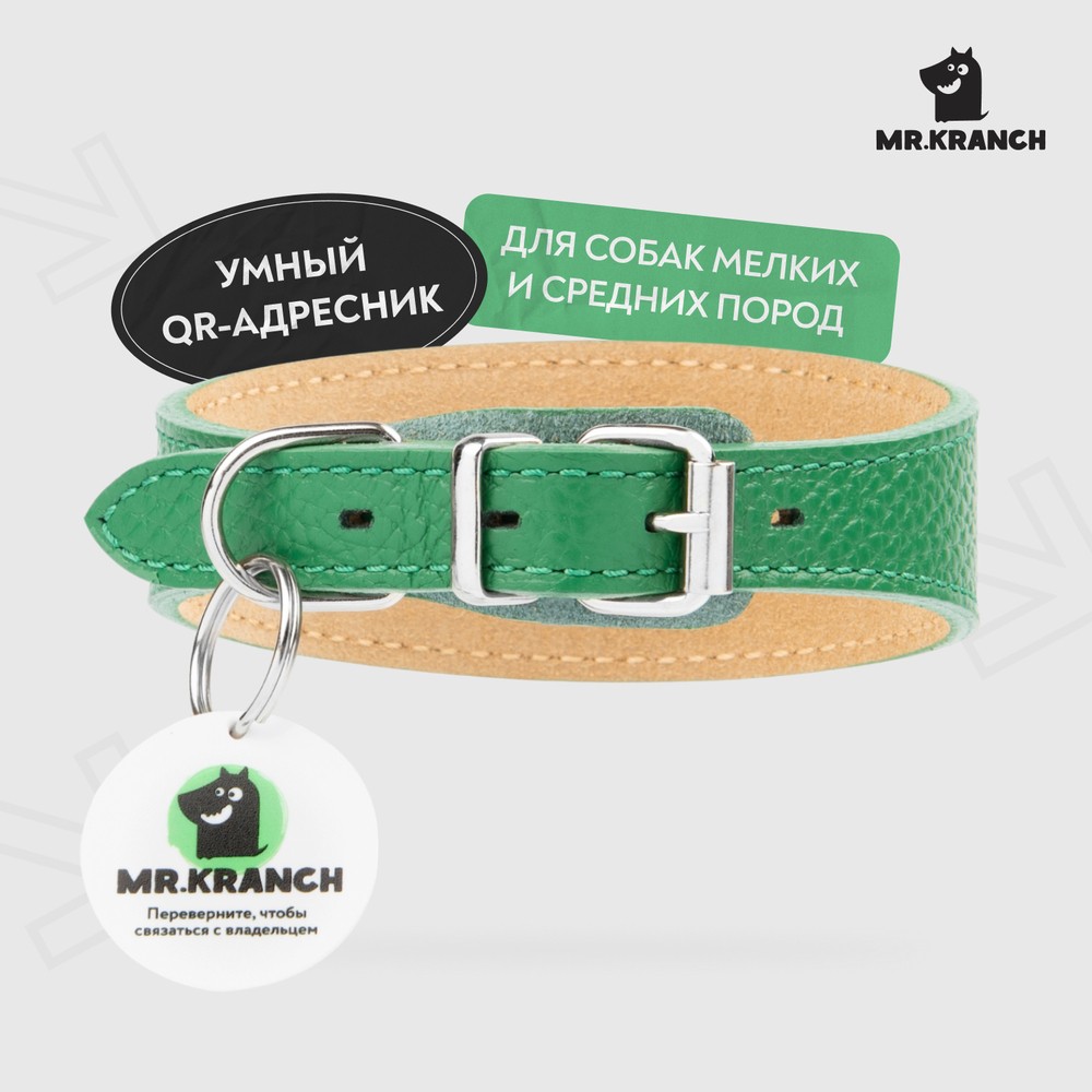 Ошейник-селедка для собак MrKranch из натуральной кожи с QR-адресником зеленый 24-30см 1917₽