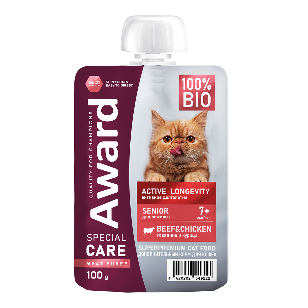 Корм для кошек AWARD Special Care доп мясное пюре для пожилых старше 7 лет курица с гов пауч 100г 194₽