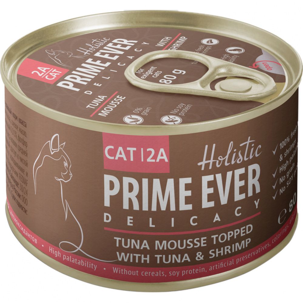 Корм для кошек Prime Ever 2A Delicacy Мусс тунец с креветками конс. 80г корм для кошек prime ever 5b тунец с цыпленком в желе конс 80г