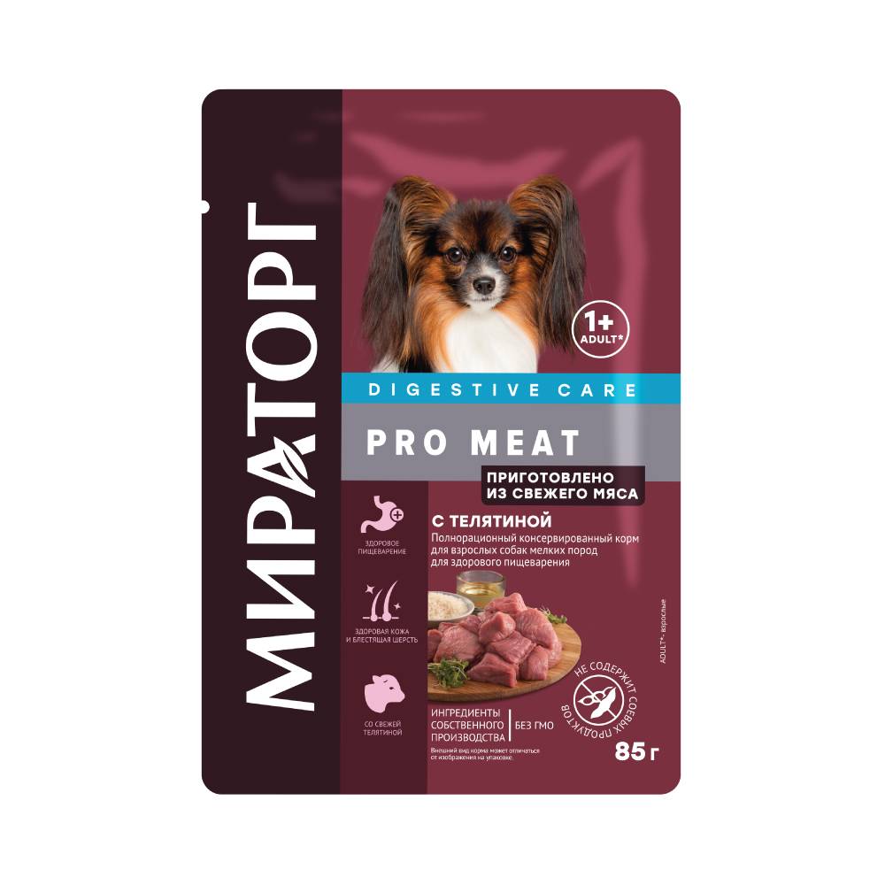 Корм для собак Мираторг Pro Meat для мелких пород для здорового пищеварения, телятина пауч 85г корм для собак мираторг pro meat для мелких пород для здорового пищеварения лосось пауч 85г