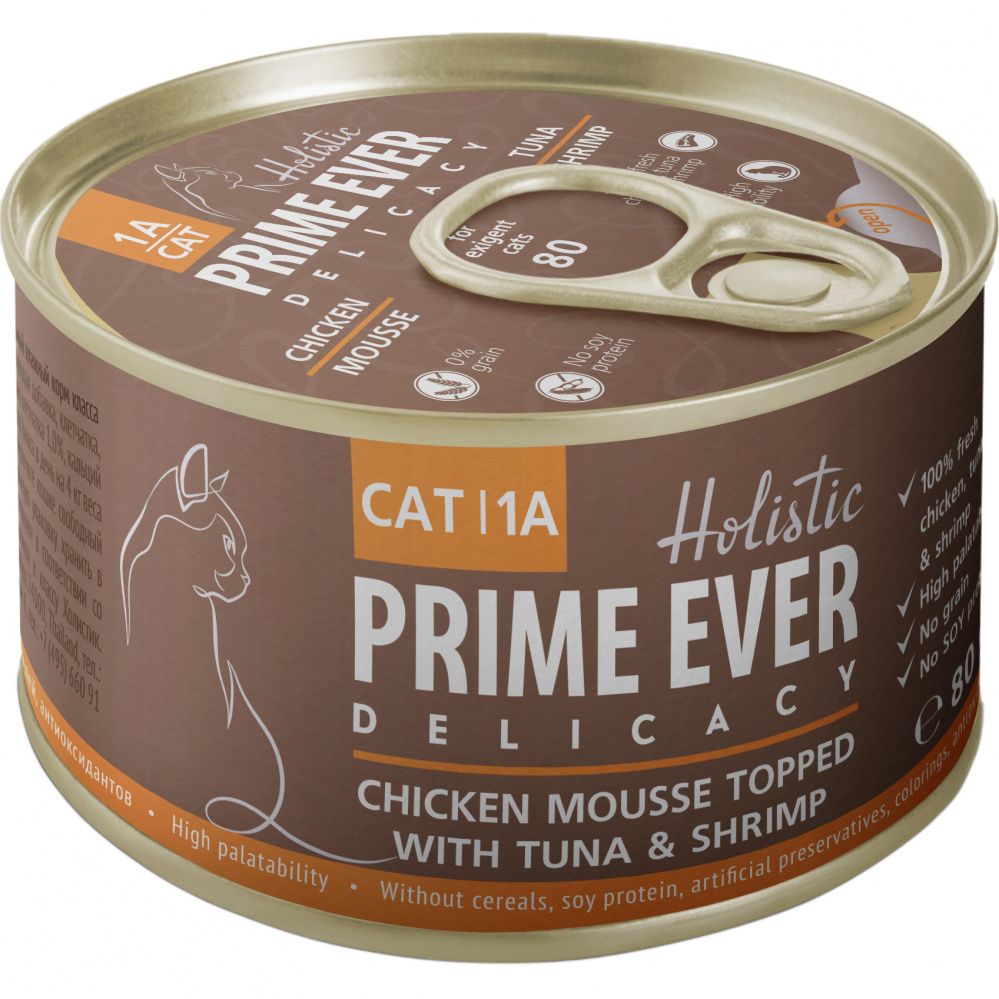 Корм для кошек Prime Ever 1A Delicacy Мусс цыпленок с тунцом и креветками конс. 80г корм для кошек prime ever 5b тунец с цыпленком в желе конс 80г