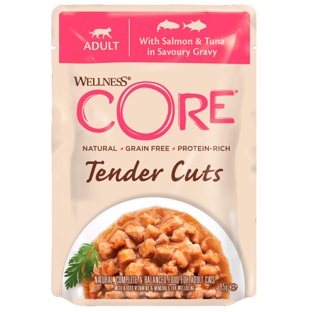 Корм для кошек CORE Tender Cuts нежные кусочки лосося и тунца в пикантном соусе пауч 85г