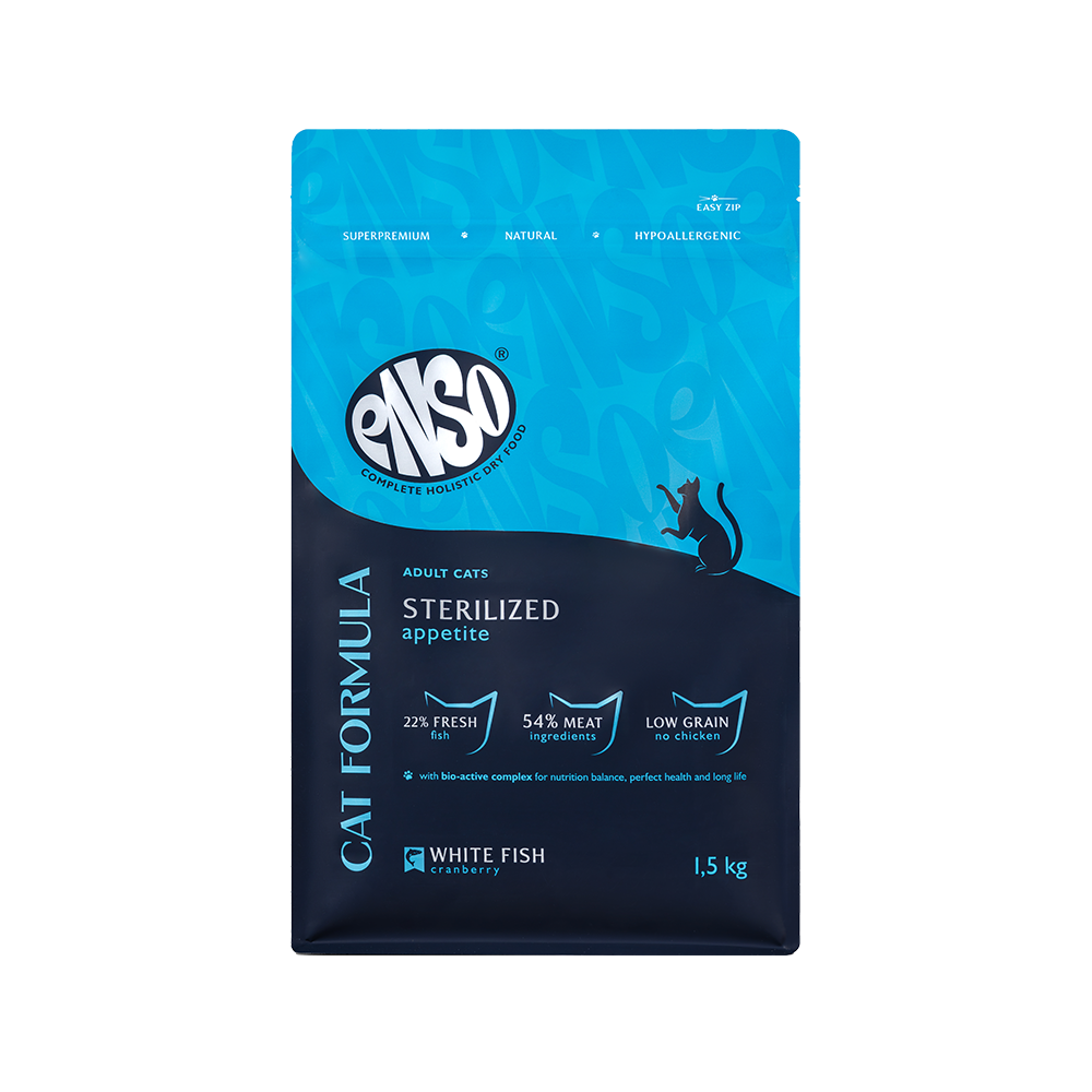 Корм для кошек ENSO formula Sterilized для стерилиз со свежей белой рыбой и клюквой сух 15кг 1980₽