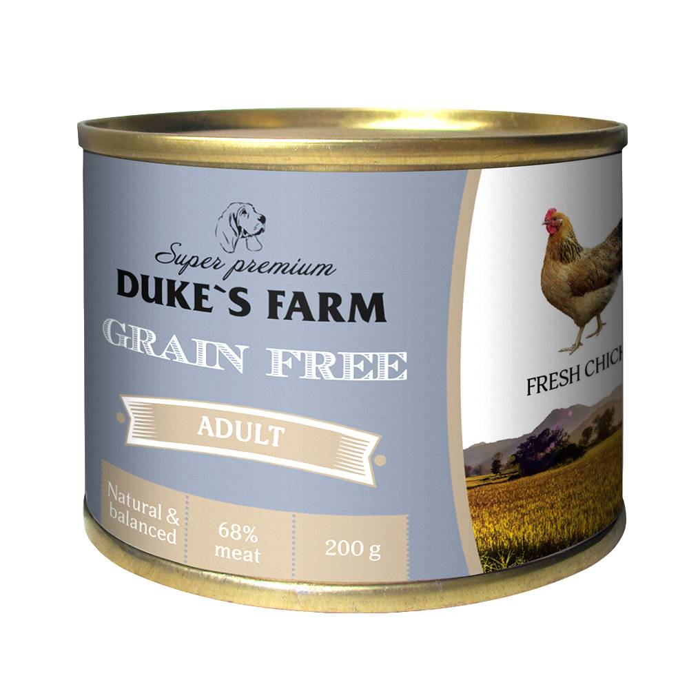 Корм для собак DUKE'S FARM Grain Free беззерновой курица, клюква, шпинат банка 200г корм для собак duke s farm grainfree говядина клюква шпинат конс 200г