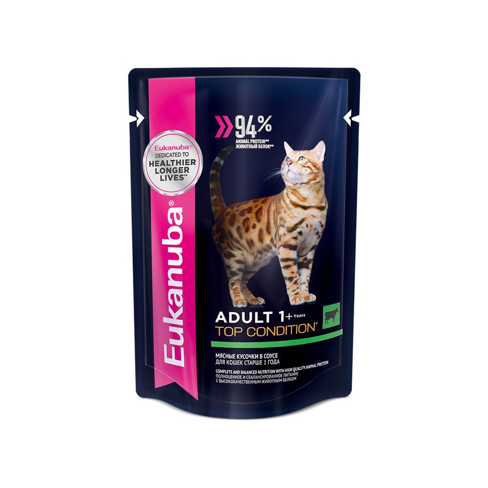 Корм для кошек Eukanuba Adult Top Condition говядина в соусе пауч 85г 105₽