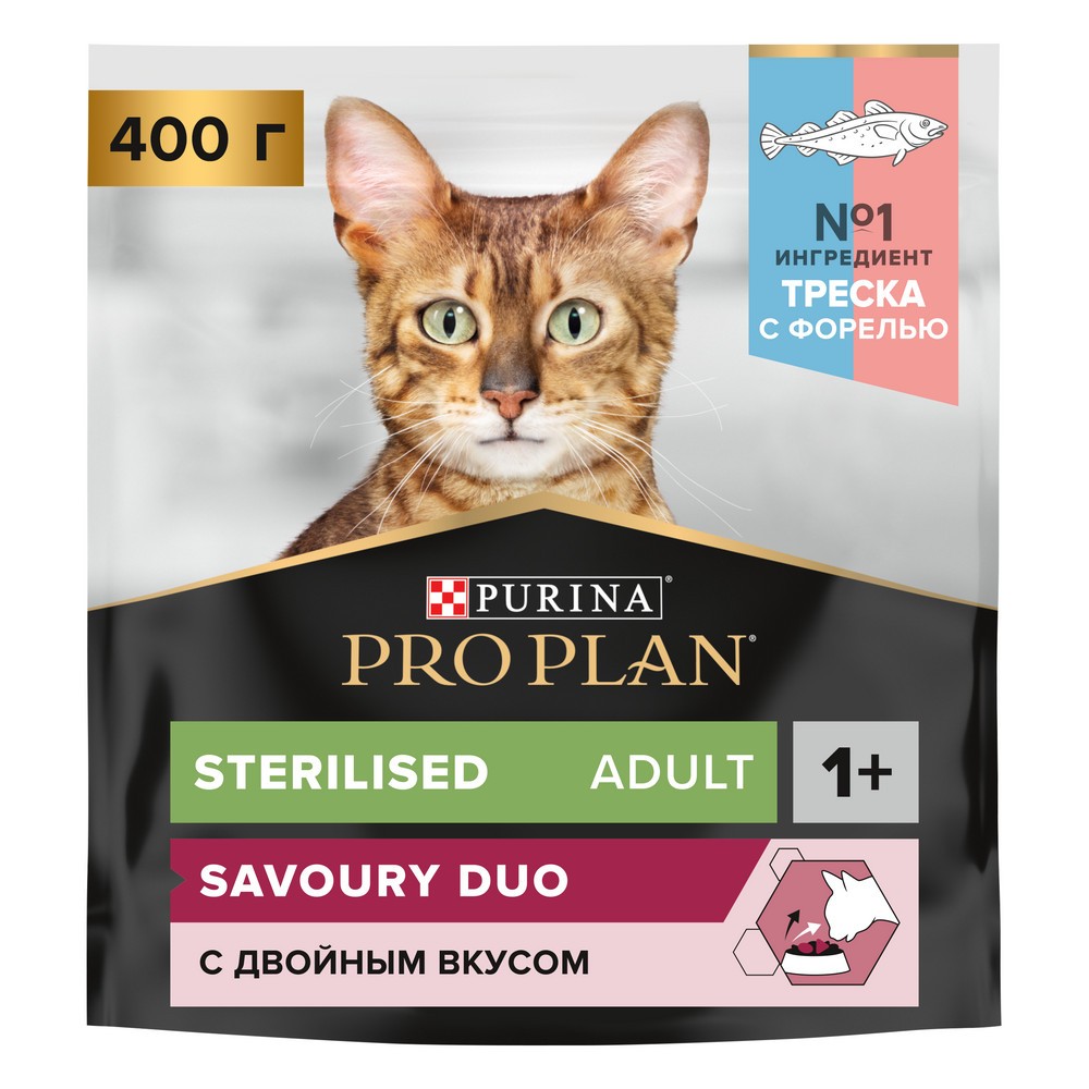 Корм для кошек Pro Plan Sterilised для стерилизованных, с треской и форелью сух. 400г корм для кошек eukanuba sterilised weight сontrol сбалансированный для стерилизованных сух 400г
