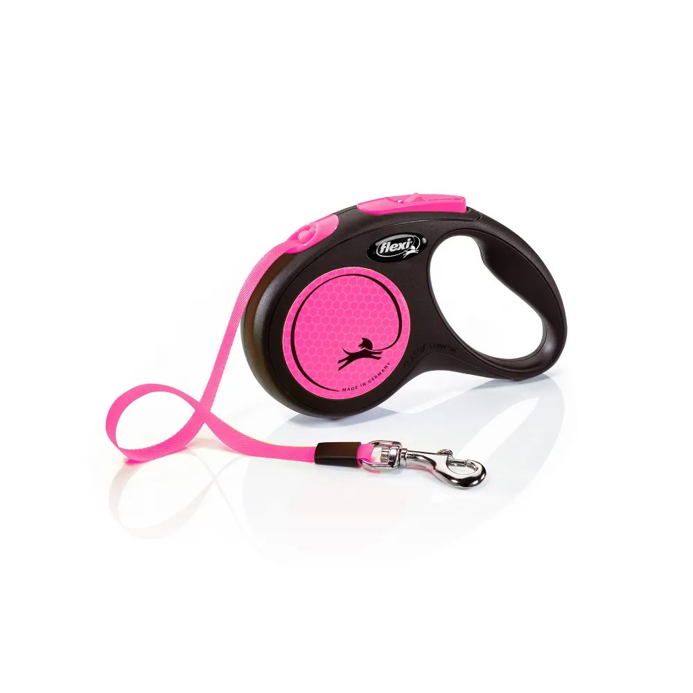 Рулетка для собак Flexi Neon New S (до 15кг) лента 5м, светоотражающая, розовый неон