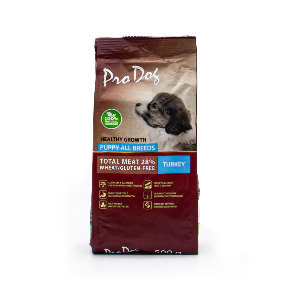 Корм для щенков PRO DOG для всех пород для здорового роста и энергии, индейка сух. 500г корм для щенков dog