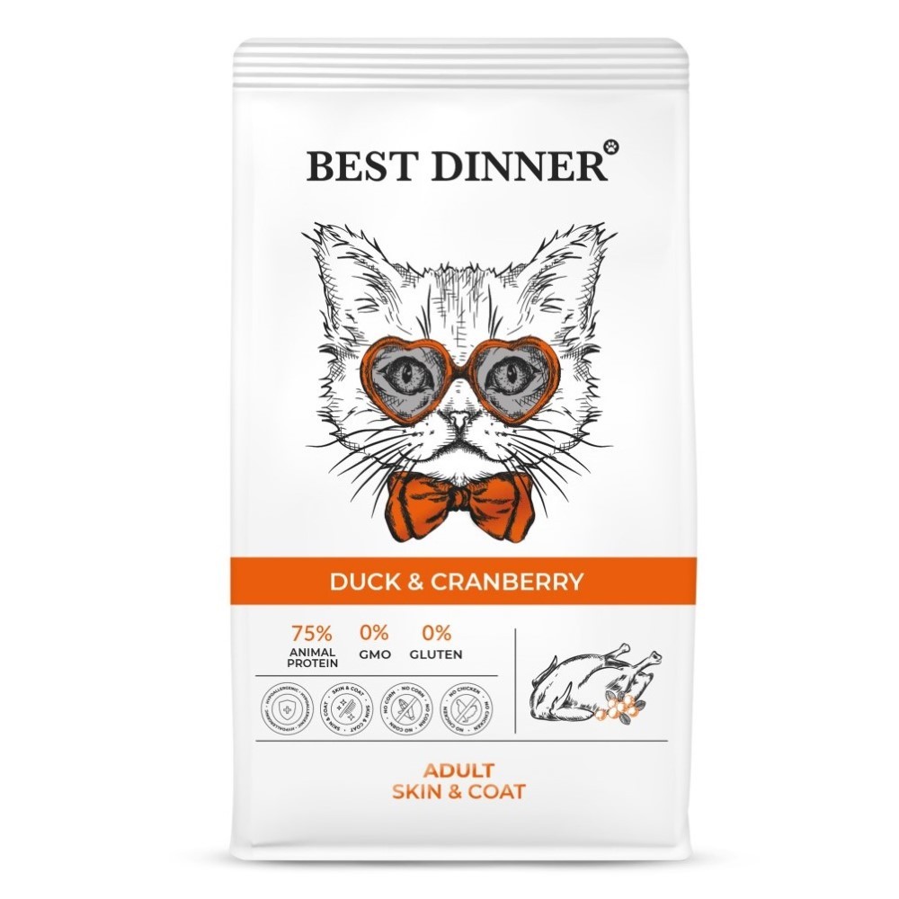 Корм для кошек Best Dinner Duck & Cranberry для ухода за кожей и шерстью, утка с клюквой сух. 400г