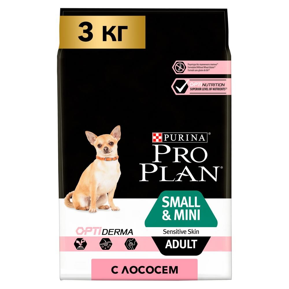 цена Корм для собак Pro Plan для мелких и карликовых пород с чувствительной кожей, лосось сух. 3кг