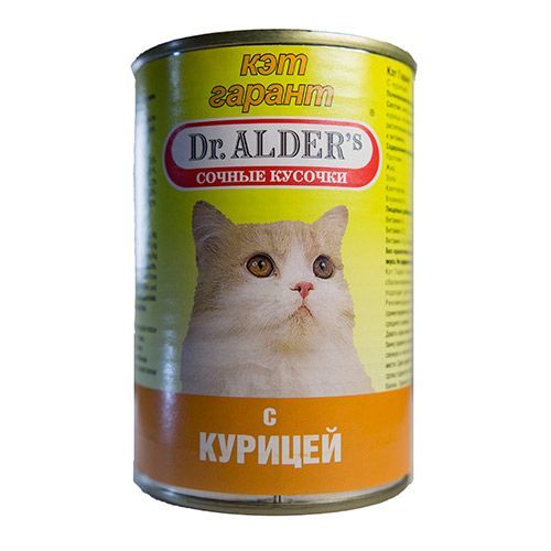 цена Корм для кошек Dr. ALDER`s Cat Garant сочные кусочки в соусе, курица конс. 415г
