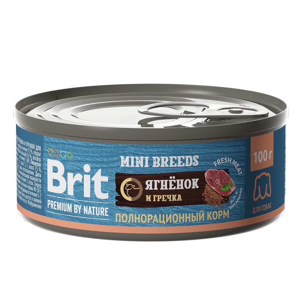 Корм для собак Brit Premium by Nature для мелких пород, ягненок с гречкой банка 100г