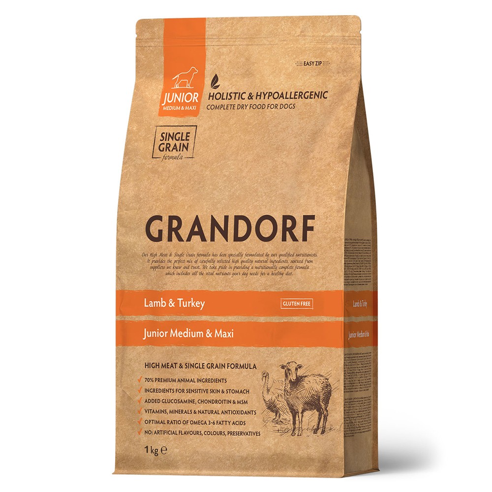 Корм для молодых собак GRANDORF для средних и крупных пород, ягненок с индейкой сух. 1кг