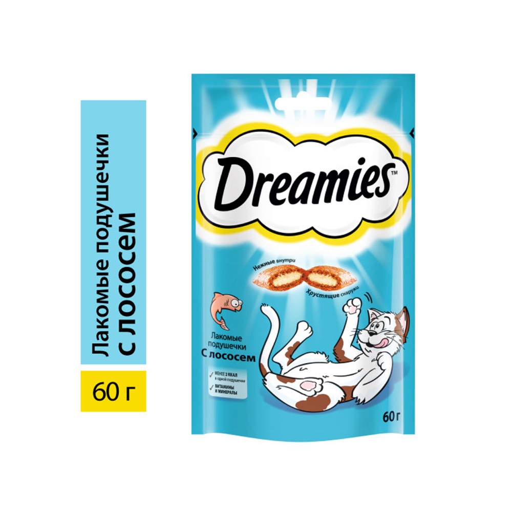 лакомство dreamies лакомые подушечки с сыром 60г Лакомство для кошек Dreamies лакомые подушечки с лососем 60г