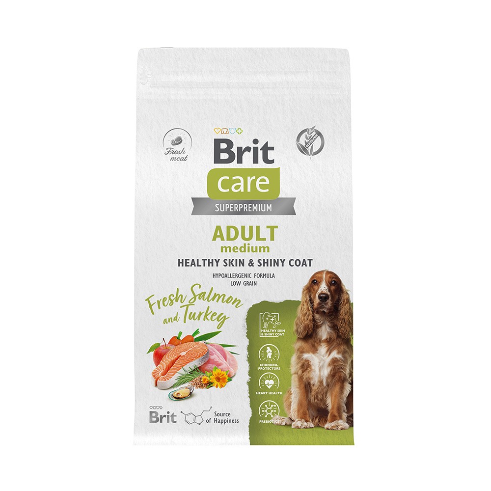 Корм для собак Brit Care Healthy Skin&Shiny Coat для средних пород, лосось с индейкой сух. 1,5кг корм для щенков и молодых собак brit care healthy growth для средн пород индейка с уткой сух 1 5кг