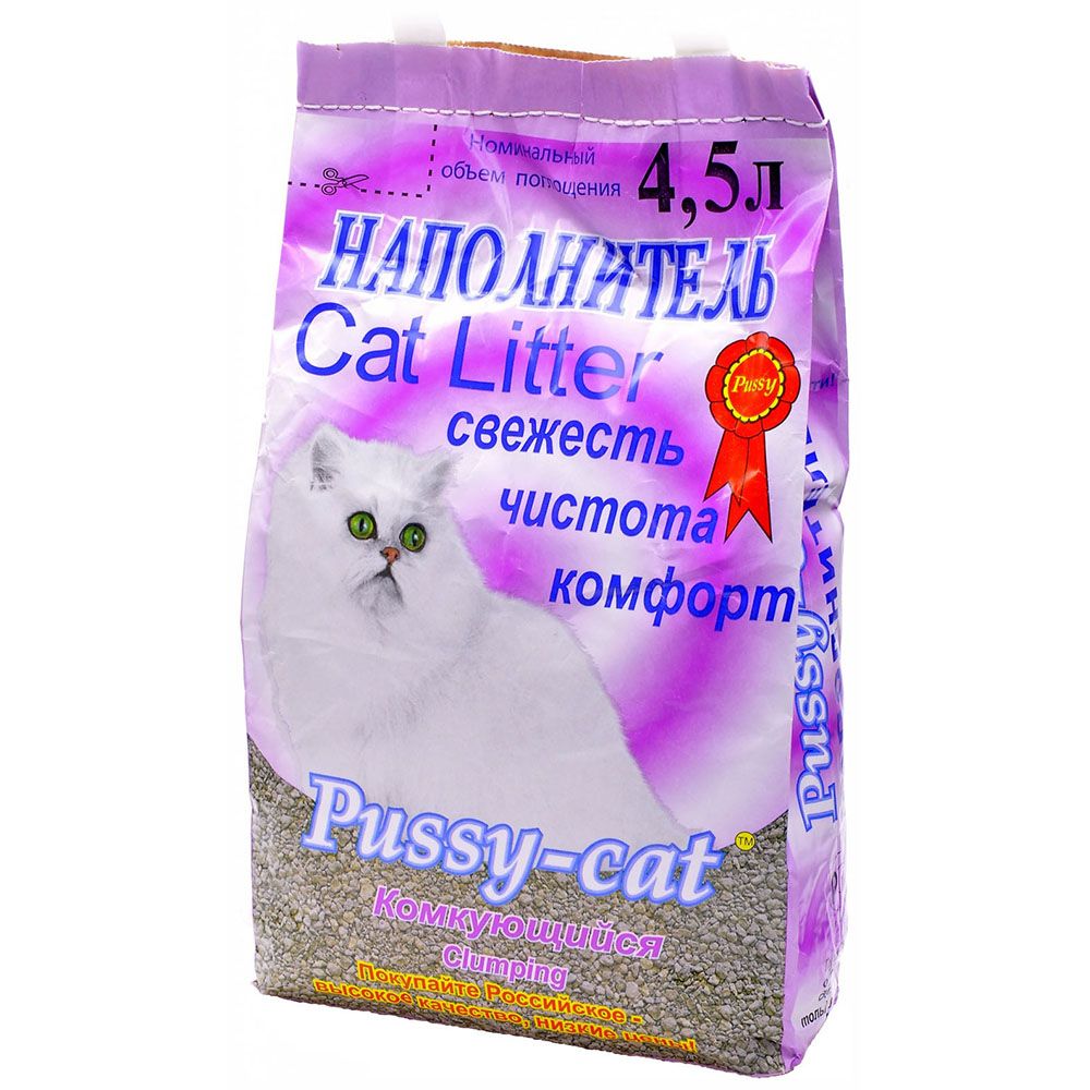 Наполнитель для кошачьего туалета PUSSY CAT комкующийся 4,5л наполнитель для кошачьего туалета pro cat regular комкующийся экстра белой глины 6кг