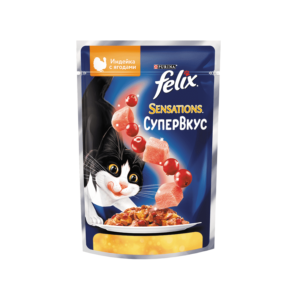 Корм для кошек FELIX Sensations Супервкус индейка, ягоды в желе пауч 75г felix sensations пауч консервы для кошек лосось и треска 26х75г