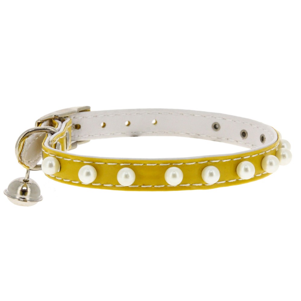 Ошейник для кошек КАСКАД Синтетик двойной прошитый с жемчугом и бубенчиком 10ммх30см желтый