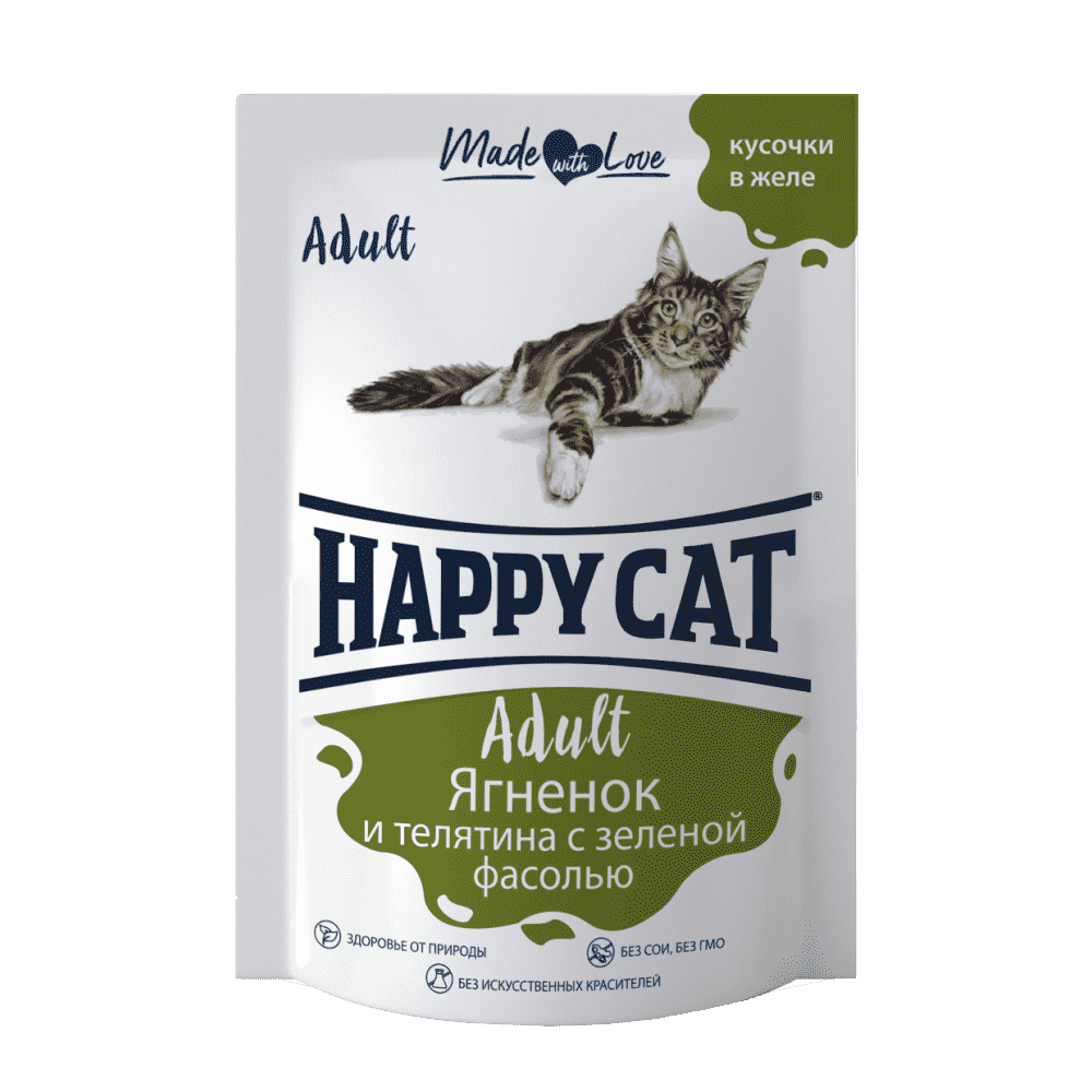 корм для кошек happy cat sterilised лосось кусочки в желе пауч 100г Корм для кошек HAPPY CAT ягненок с телятиной и зеленой фасолью в желе пауч 100г