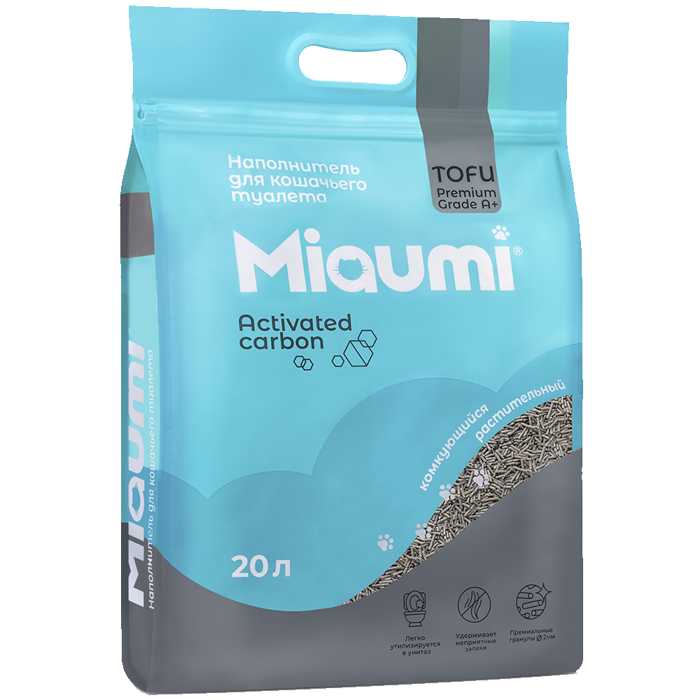 Наполнитель для кошачьего туалета MIAUMI Tofu Carbon комкующийся с активир углём 20л