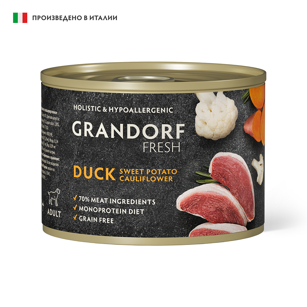 Корм для собак GRANDORF FRESH Паштет из утки с бататом и цветной капустой банка 200г