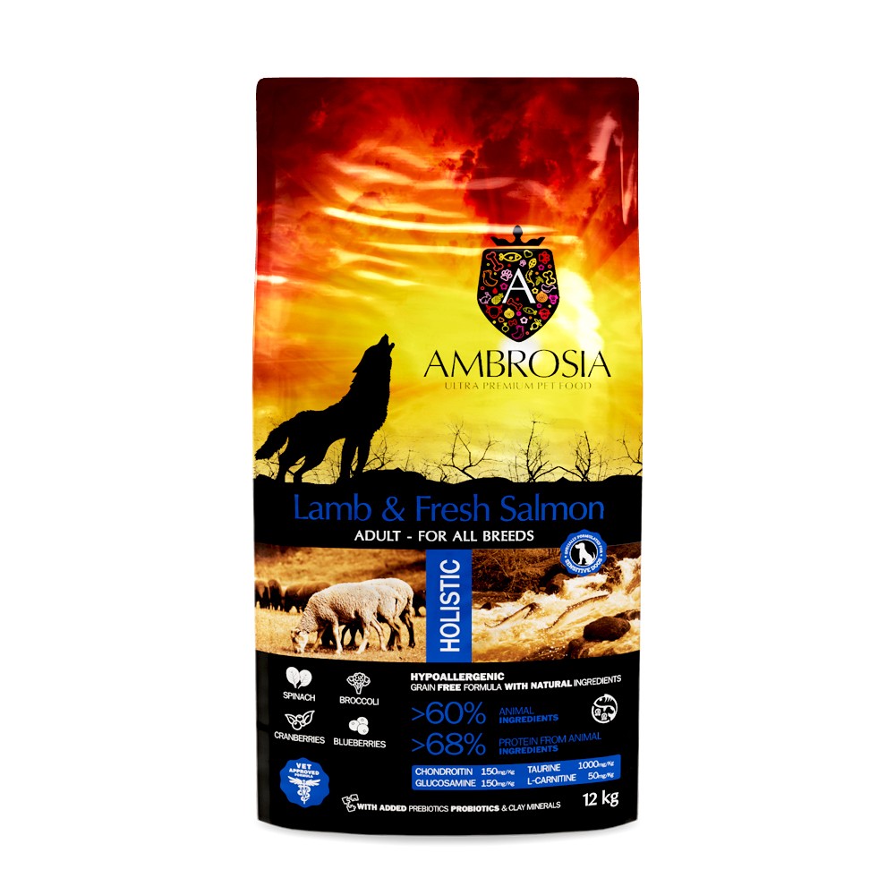 Корм для собак AMBROSIA Grain Free беззерновой для всех пород, с ягненком и свежим лососем 12кг