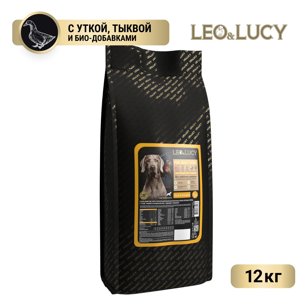 Корм для собак LEO&LUCY для пожилых крупных пород, утка с тыквой и биодобавками сух. 12кг