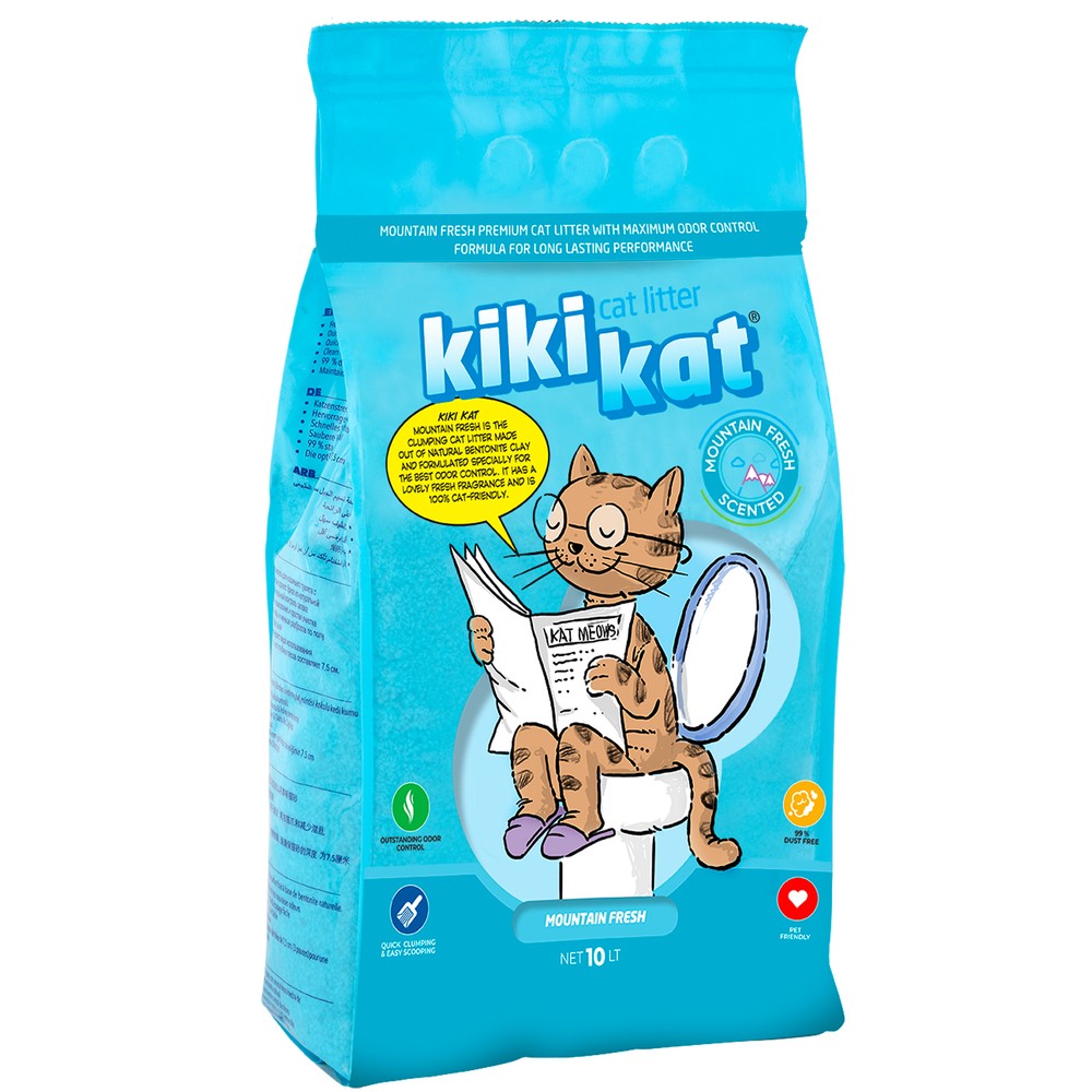 Наполнитель для кошачьего туалета KIKIKAT с ароматом Горная свежесть комкующийся 10л наполнитель для кошачьего туалета kikikat комкующийся супер белый 10л