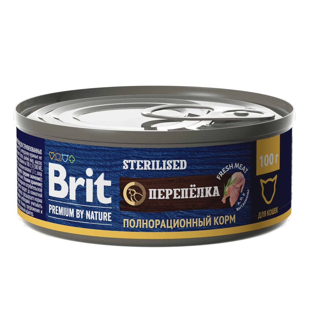 Корм для кошек Brit Premium by Nature для стерилизованных, мясо перепёлки банка 100г корм для собак brit premium by nature для мелких пород ягненок с гречкой банка 100г