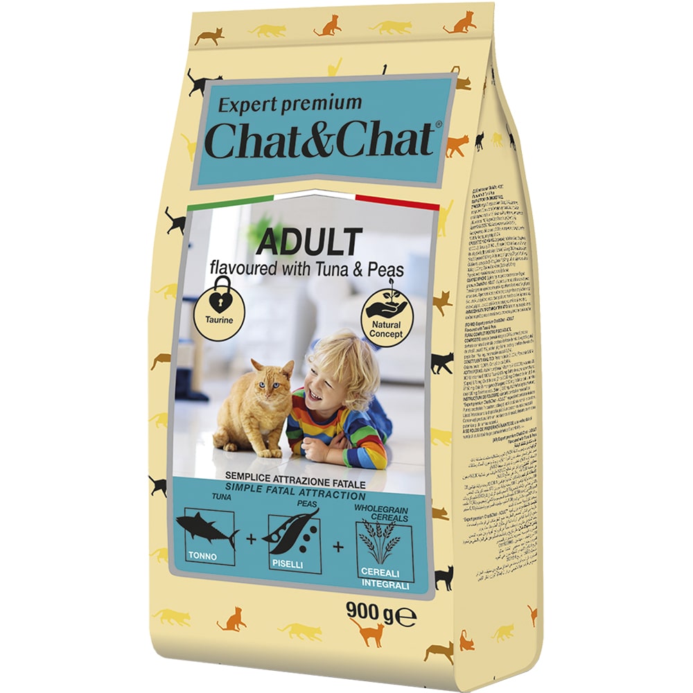 Корм для кошек CHAT&CHAT Expert Premium тунец с горохом сух. 900г корм для кошек whiskas подушечки с паштетом лосось тунец креветки сух 350г