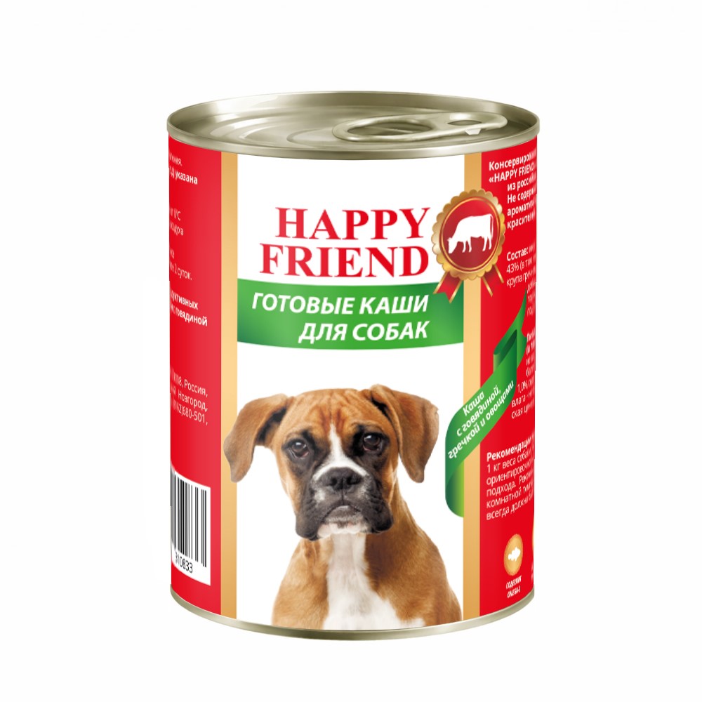 Корм для собак HAPPY FRIEND Каша Мясное ассорти с говядиной, гречкой и овощами банка 338г
