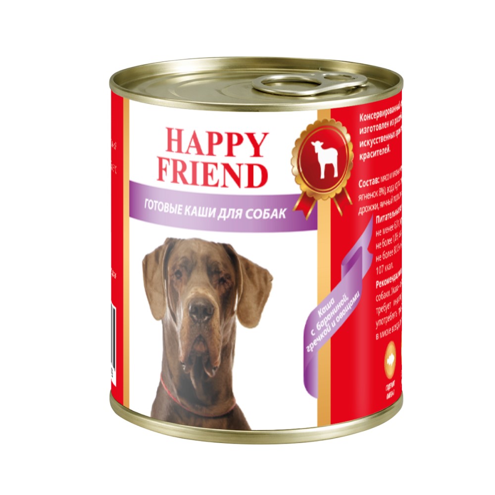 Корм для собак HAPPY FRIEND Каша Мясное ассорти с бараниной, гречкой и овощами банка 525г