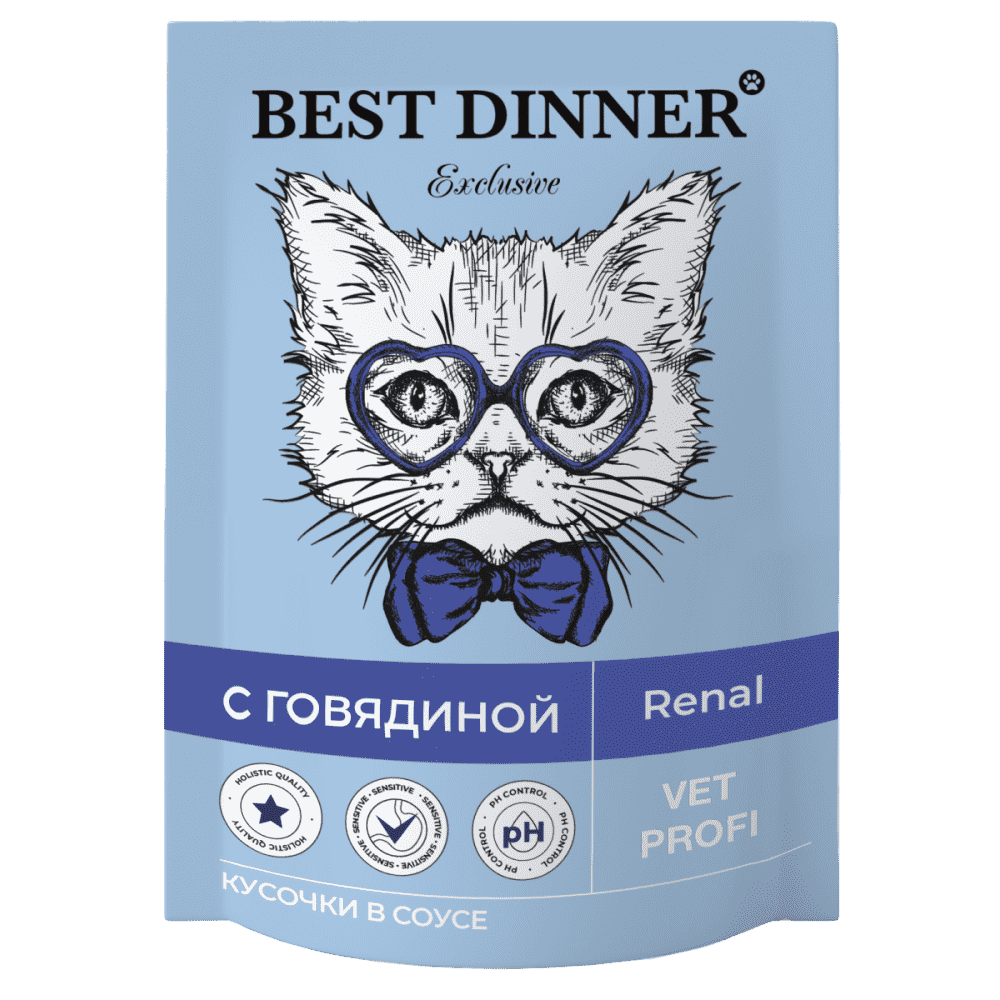 цена Корм для кошек Best Dinner Exclusive Vet Profi Renal кусочки в соусе с говядиной пауч 85г