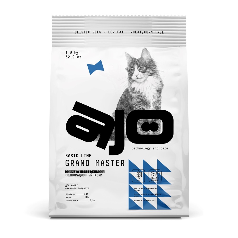 Корм для кошек AJO Cat Grand Master для пожилых, курица сух. 1,5кг