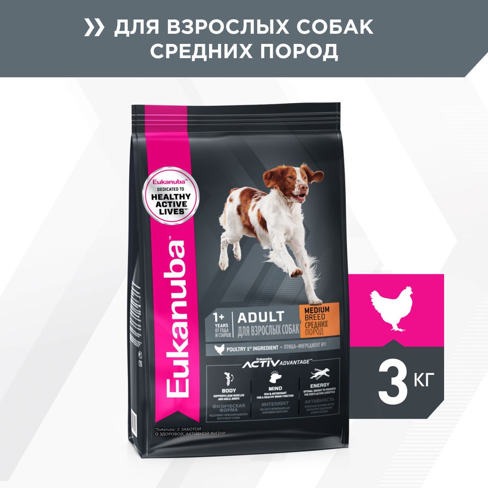 Корм для собак Eukanuba для средних пород сух. 3кг корм для собак gemon medium для средних пород курица сух 3кг