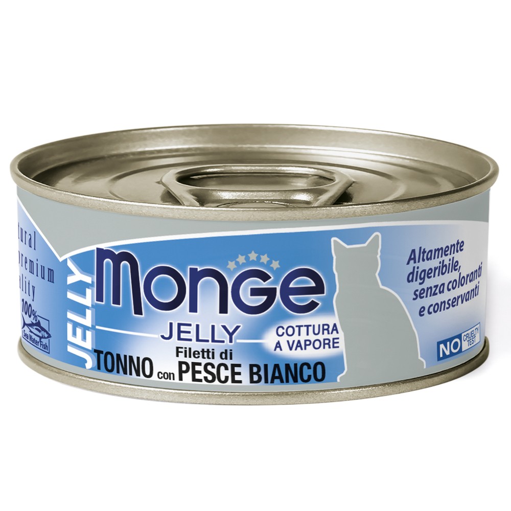 Корм для кошек Monge Jelly Adult Cat желтоперый тунец с белой рыбой банка 80г цена и фото