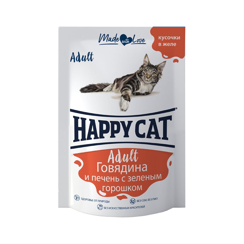 корм для кошек happy cat sterilised курочка кусочки в желе пауч 85г Корм для кошек HAPPY CAT Говядина, печень, горошек кусочки в желе пауч 100г