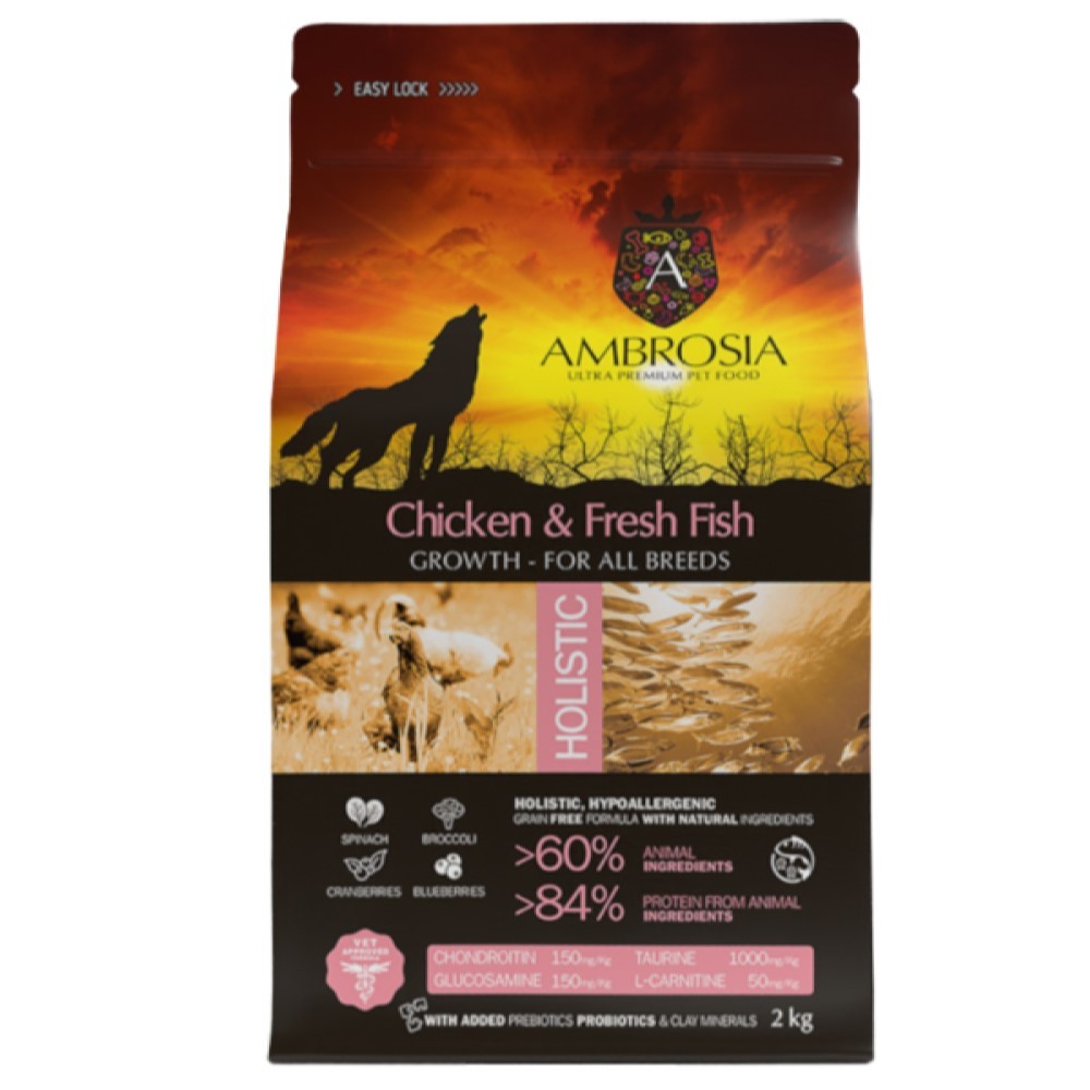 Корм для щенков AMBROSIA Grain Free беззерновой для всех пород, с курицей и свежей рыбой 2кг