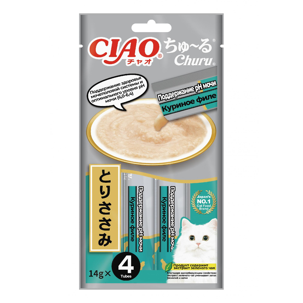 Лакомство для кошек INABA Ciao Churu Поддержание Ph мочи Куриное филе пюре 14гх4шт 345₽
