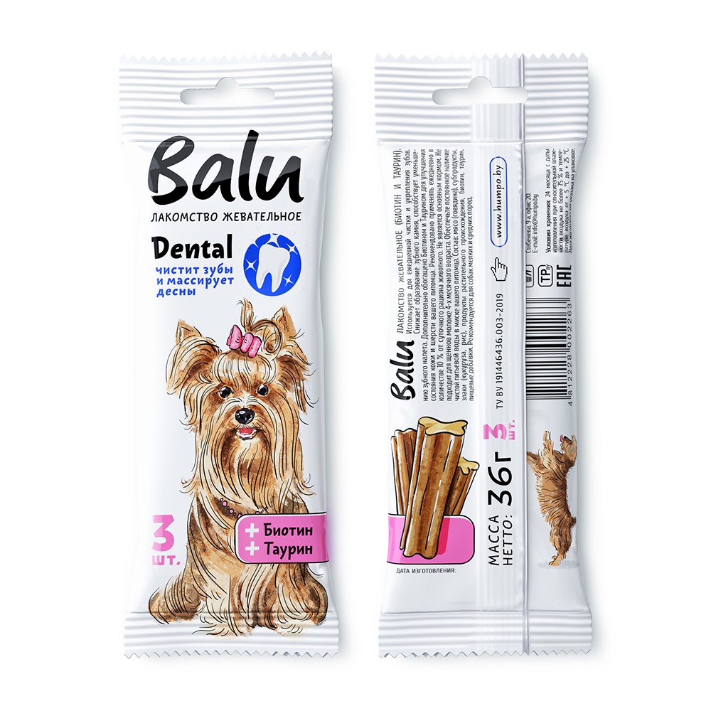 Лакомство для собак BALU жевательное с биотином, таурином 36г лакомство для собак balu жевательное dental для мелких пород размер s 36г