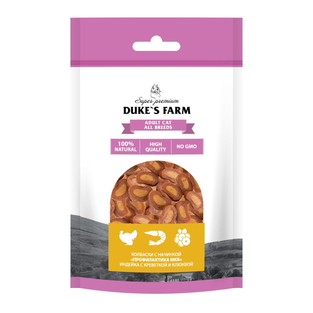 Лакомство для кошек DUKE'S FARM Колбаски Профилактика МКБ, индейка с креветкой и клюквой 40г