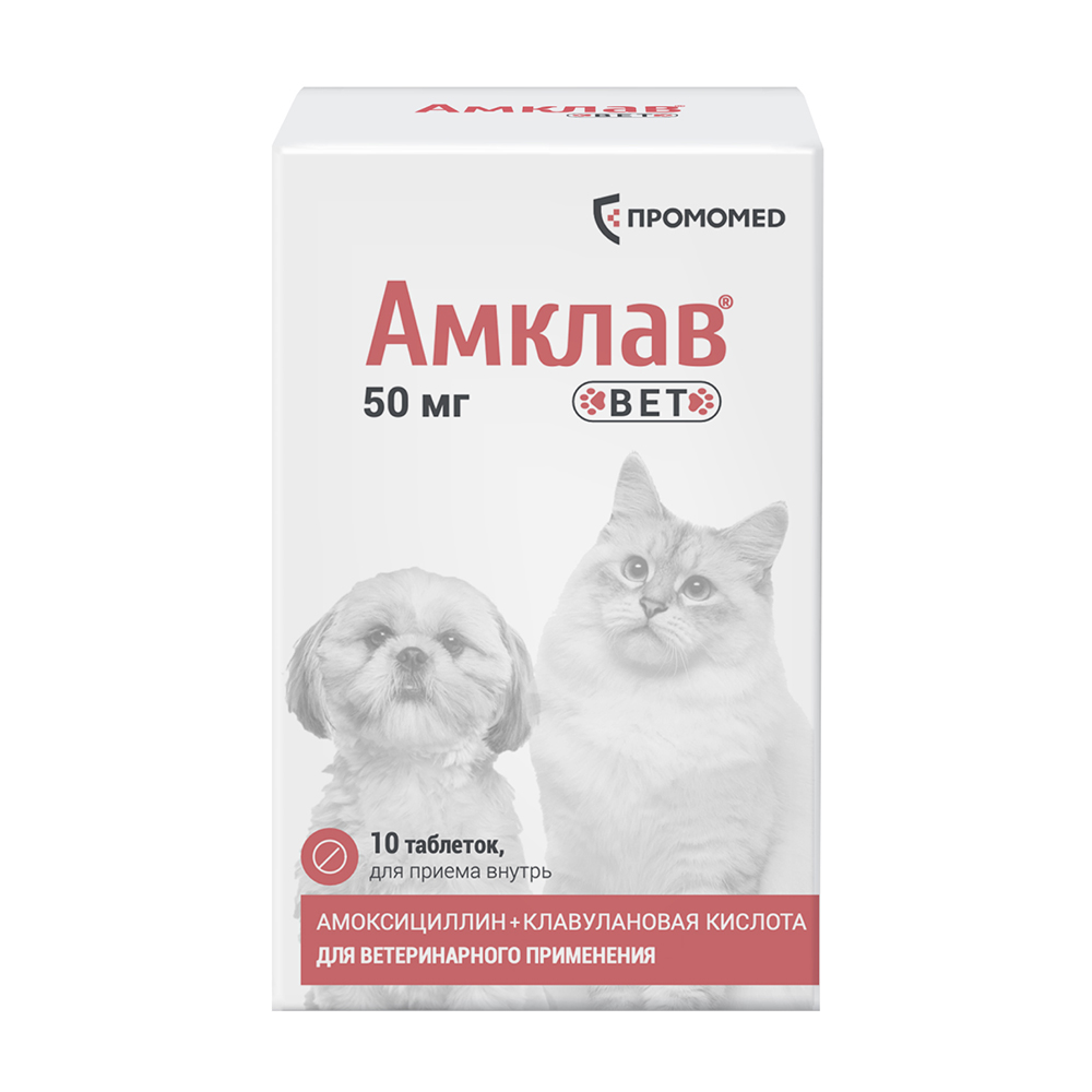 Препарат антибактериальный АМКЛАВ ВЕТ для собак и кошек 50мг 10табл банка рецепт 363₽