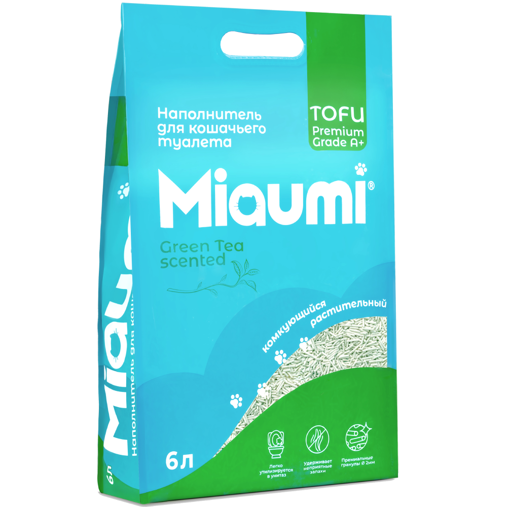 Наполнитель для кошачьего туалета MIAUMI Tofu Green Tea комкующийся с аром. зеленого чая 6л