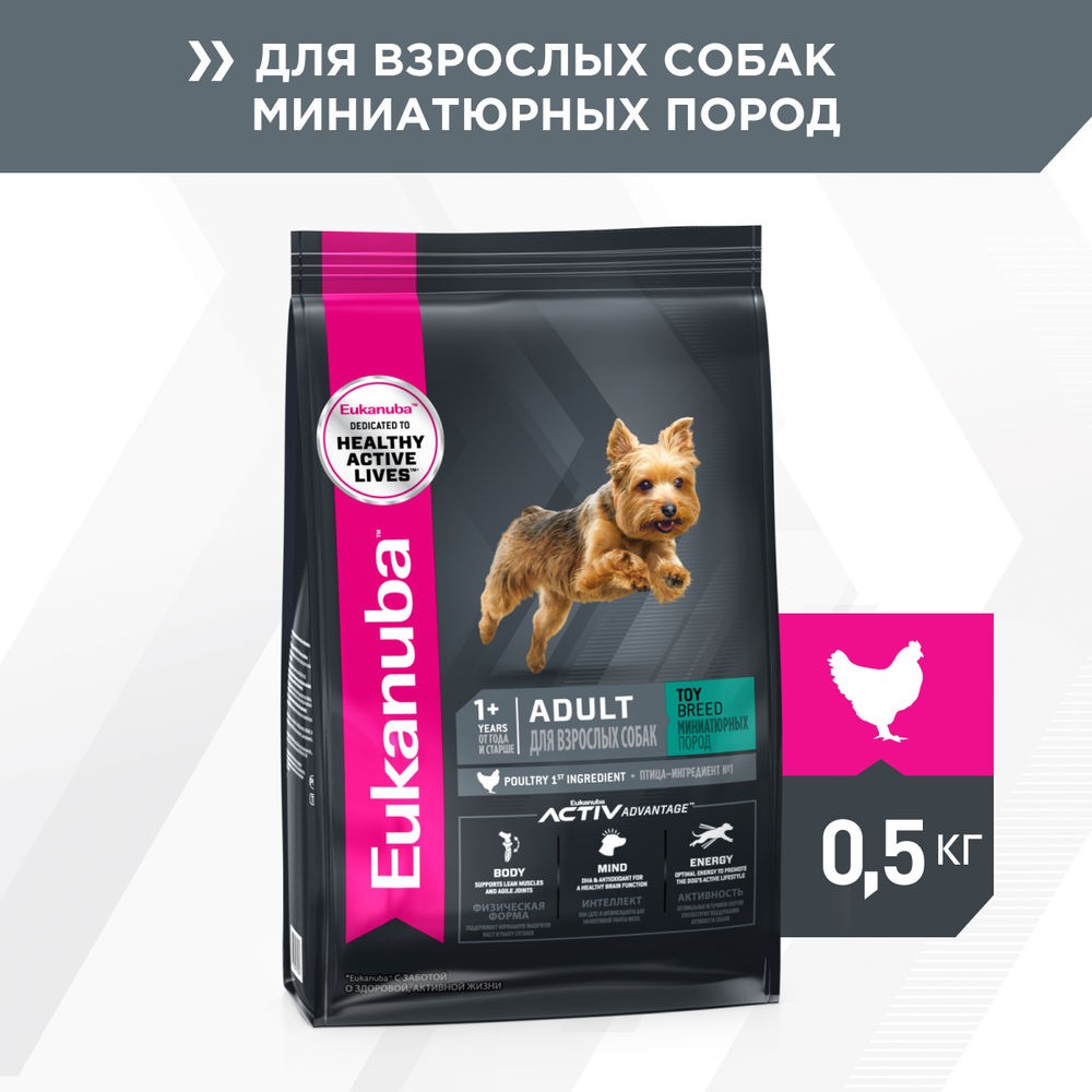 Корм для собак Eukanuba Adult Toy Breed для миниатюрных пород сух. 500г eukanuba adult toy breed для взрослых собак маленьких пород с птицей 0 5 кг