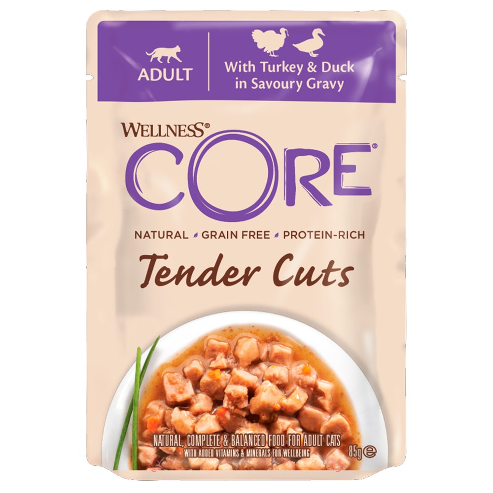 цена Корм для кошек CORE Tender Cuts нежные кусочки индейки и утки в пикантном соусе пауч 85г