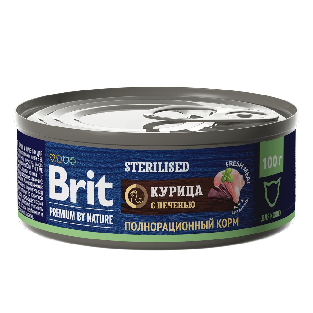 Корм для кошек Brit Premium by Nature для стерилизованных, мясо курицы с печенью банка 100г