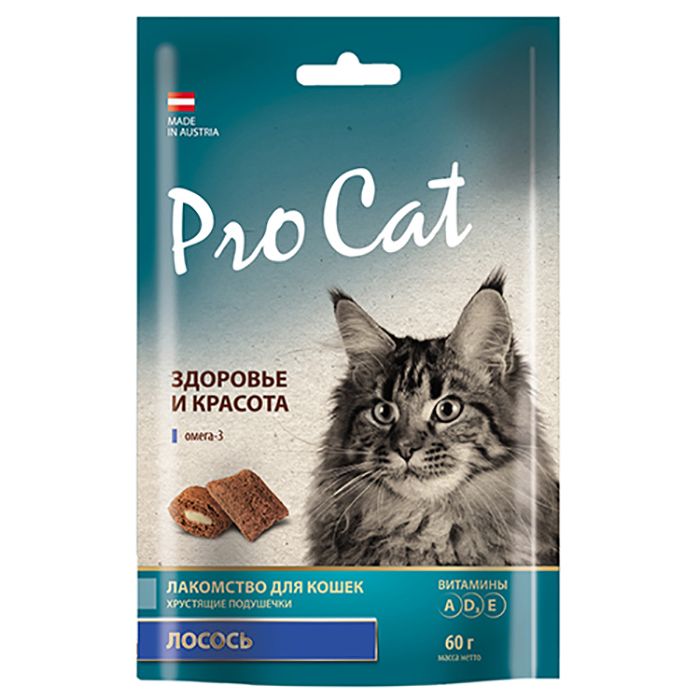 Лакомство для кошек Pro Cat Подушечки Здоровье и красота с Лососем 60г подушечки beaphar cat a dent bits для кошек для чистки зубов 35 г