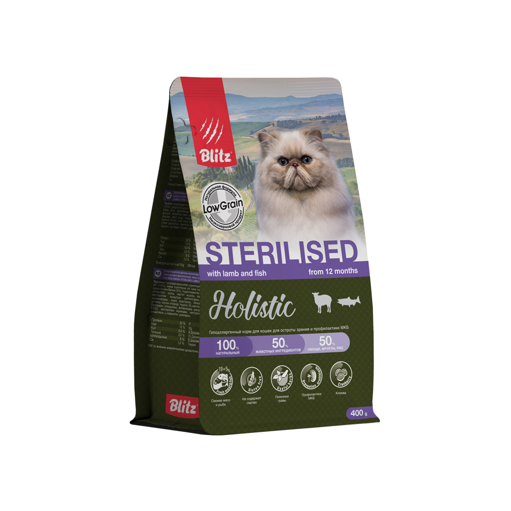 Корм для кошек Blitz Holistic для стерилизованных ягненок с индейкой и рыбой сух 400г 736₽