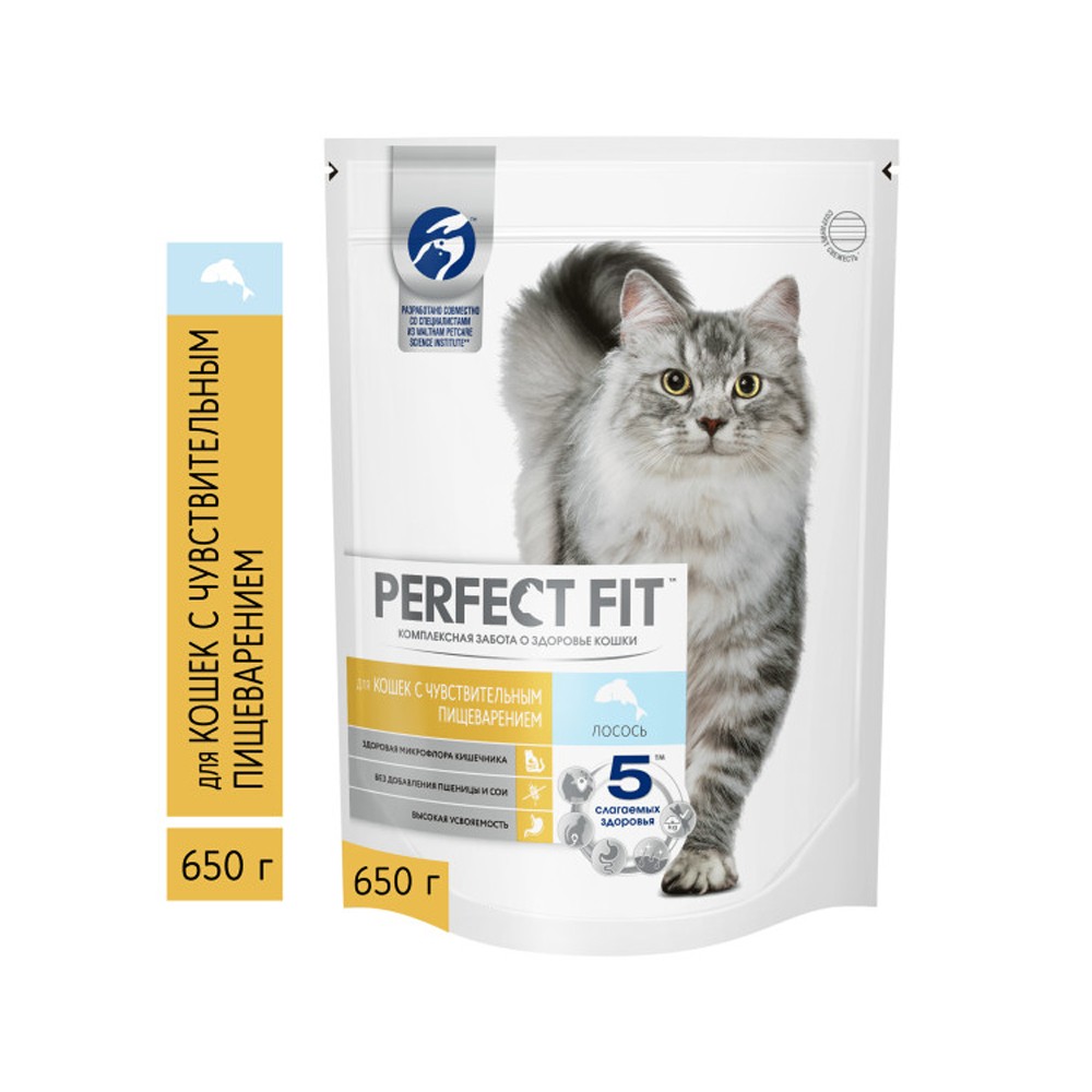 Корм для кошек PERFECT FIT Лосось для взрослых кошек с чувствительным пищеварением с лососем,сух.650г